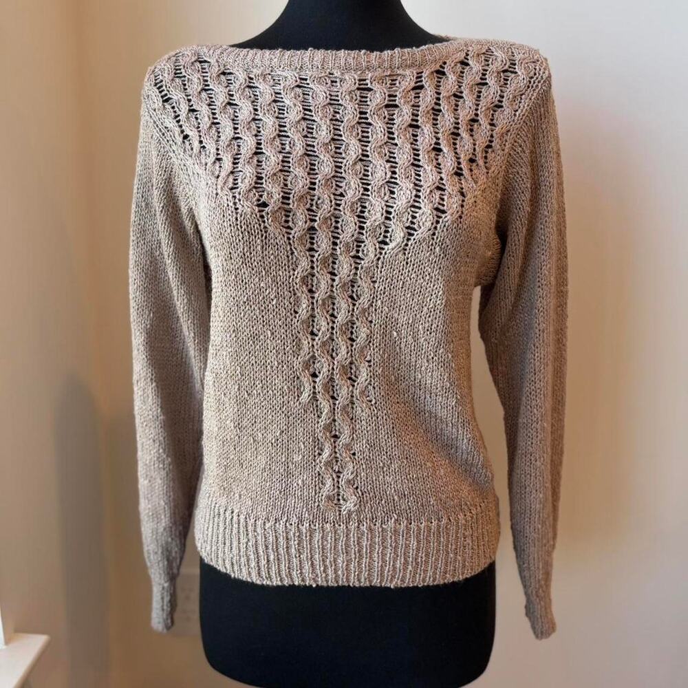 Jones New York Brown Open Knit Long Sleeve Retro Knit Sweater Sz Medium
